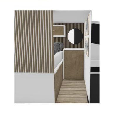 3D-Visualisierung des Van-Innenraums mit Holzlamellen, Bett und Rundspiegel