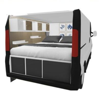3D-Visualisierung eines Transporters mit Bett und Stauraum im Heck
